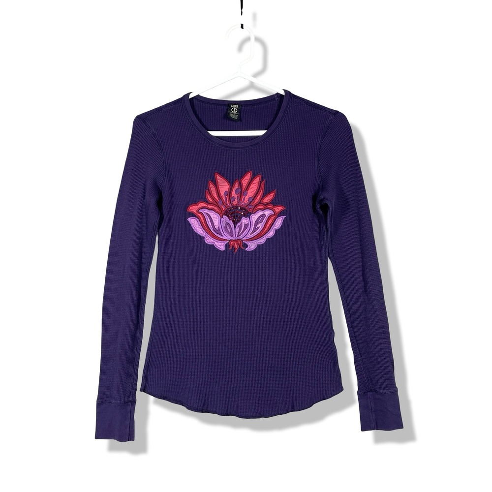 Lucky Brand Thermal Top Womens S Purple Boho Indie Hippie Y2K Lotus Flower